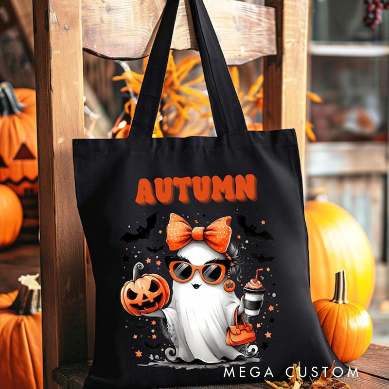 【🔥Hot Sale🔥】Personalized Trick or Treat Tote Bag Halloween Bag for Trick or Treating Cute Girl Ghost with Bow Bag for Candy