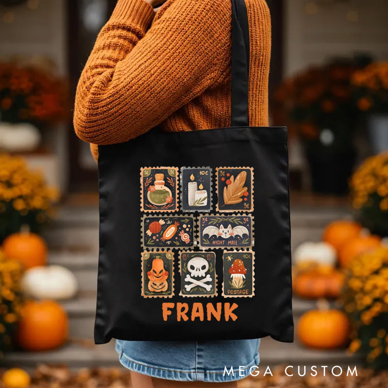 【🔥Hot Sale🔥】Personalized Autumn Stamps Canvas Tote Bag with Name Halloween Stamps Tote Trick or Treat Bag Ghouls Gift