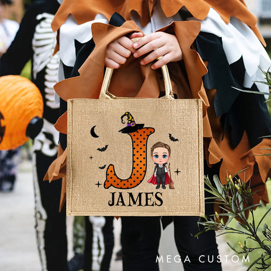 【🔥Hot Sale🔥】Personalized Cartoon Vampire Witch Trick or Treat Jute Tote Bag with Name and Initial Halloween Spooky Season Gift for Boys Girls