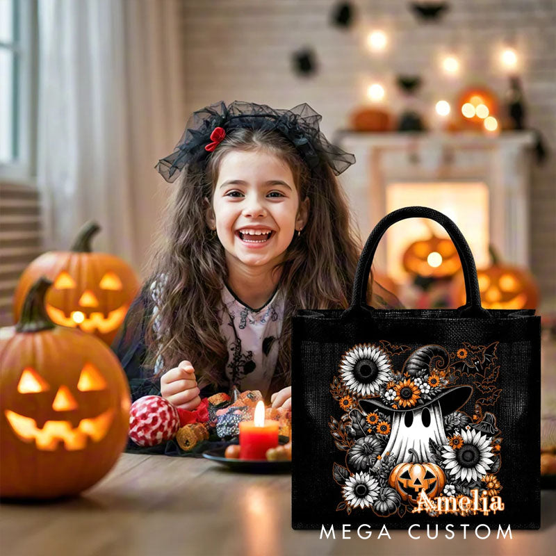 【🔥Hot Sale🔥】Personalized Floral Ghost Black Linen Tote Bag with Name Halloween Party Gift for Boys Girls