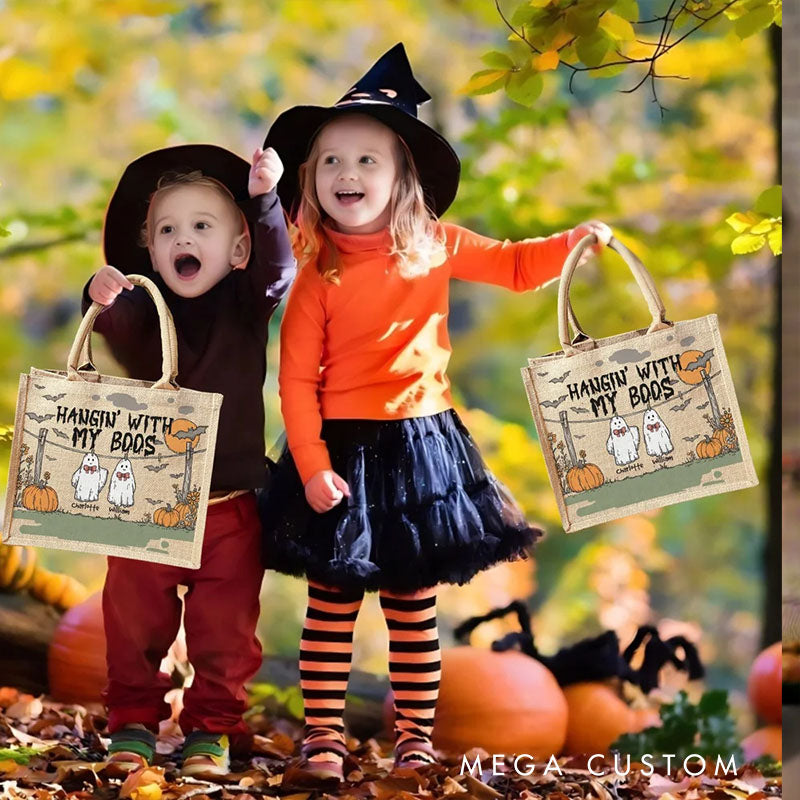 【🔥Hot Sale🔥】Personalized Hangin With My Boos Pumpkin Ghost Jute Bag with Names Halloween Party Gift for Boys Girls