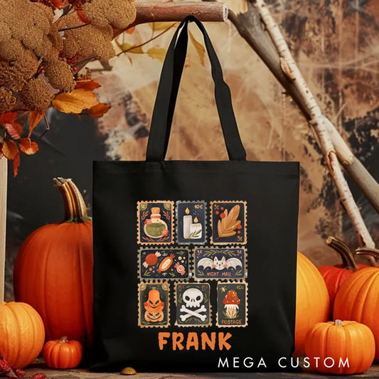 【🔥Hot Sale🔥】Personalized Autumn Stamps Canvas Tote Bag with Name Halloween Stamps Tote Trick or Treat Bag Ghouls Gift