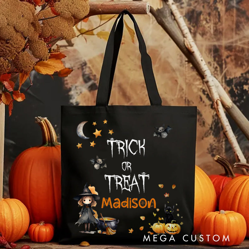 【🔥Hot Sale🔥】Personalized Trick or Treat Illustration Featuring Witch Cat and Name for a Spooky Halloween Accent Tote Bag