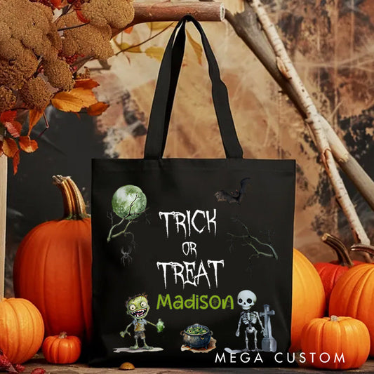 【🔥Hot Sale🔥】Personalized Trick or Treat Illustration Featuring Skeleton Bat and Name for a Creepy Halloween Decoration Tote Bag