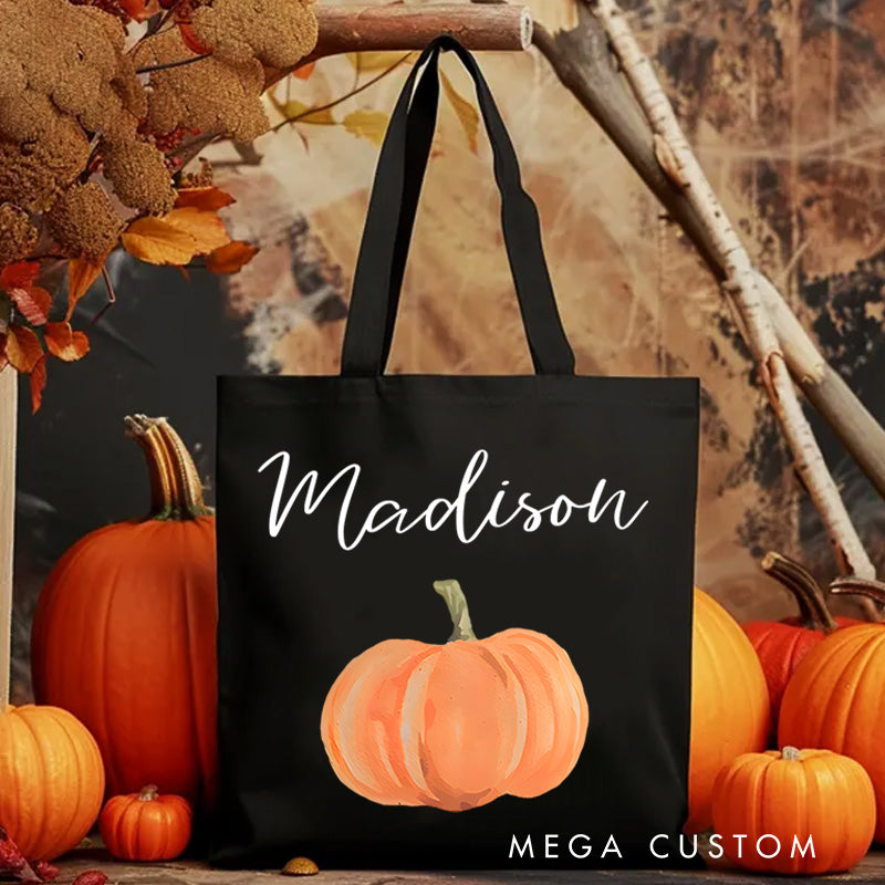 【🔥Hot Sale🔥】Personalized Pumpkin Illustration Featuring Name for a Festive and Autumn Inspired Halloween Accent Tote Bag