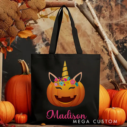 【🔥Hot Sale🔥】Personalized Pumpkin Illustration with Floral Crown Featuring Name for a Unique Halloween Accent Tote Bag