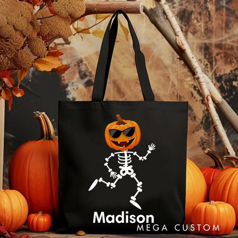 【🔥Hot Sale🔥】Personalized Skeleton Illustration with Pumpkin Head Featuring Name for a Playful Halloween Accent Tote Bag