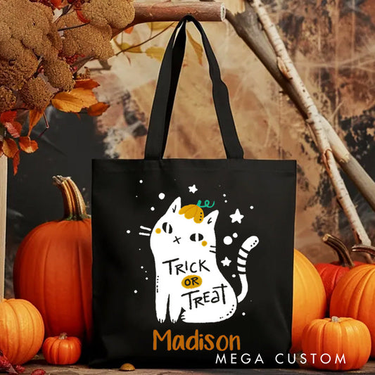 【🔥Hot Sale🔥】Personalized Black Cat Trick or Treat Illustration Featuring Name for a Cute and Spooky Halloween Accent Tote Bag