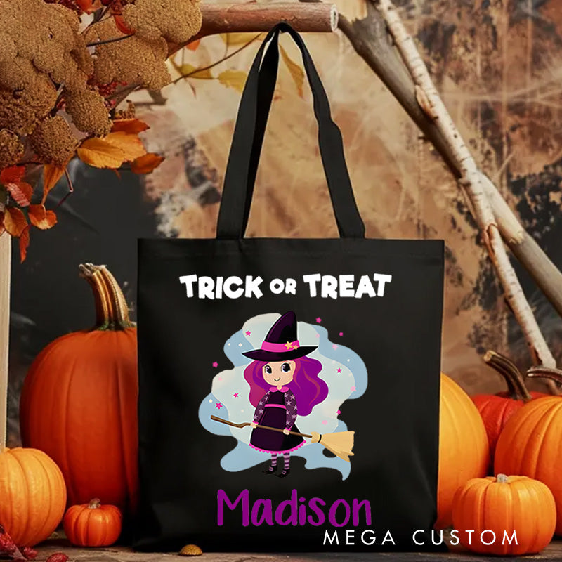 【🔥Hot Sale🔥】Personalized Witch Trick or Treat Illustration Featuring Name for a Fun and Spooky Halloween Celebration Tote Bag