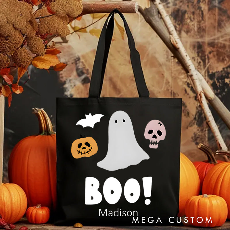 【🔥Hot Sale🔥】Personalized Boo Ghost Illustration Featuring Name for a Fun and Spooky Halloween Decoration Tote Bag