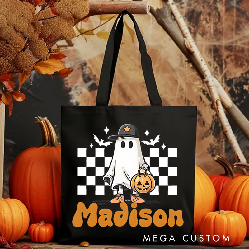 【🔥Hot Sale🔥】Personalized Ghost and Checkered Pattern Illustration Featuring Name for a Unique Halloween Accent Tote Bag