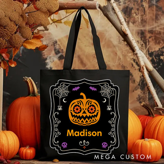 【🔥Hot Sale🔥】Personalized Halloween Pumpkin Illustration Featuring Name with Elegant Frame for a Stylish Halloween Accent Tote Bag