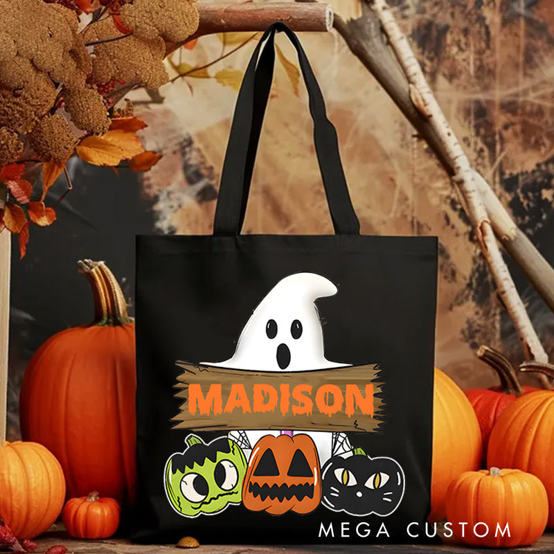 【🔥Hot Sale🔥】Personalized Ghost and Pumpkin Illustration Featuring Name for a Cute and Festive Halloween Accent Tote Bag