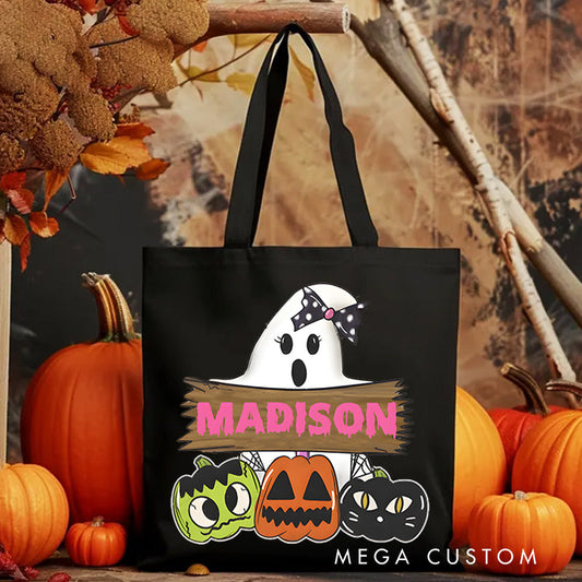【🔥Hot Sale🔥】Personalized Ghost and Pumpkin Illustration Featuring Name with Playful Details for a Halloween Celebration Tote Bag
