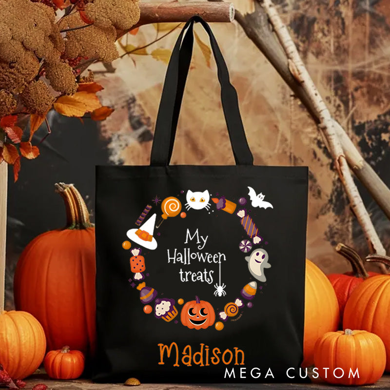 【🔥Hot Sale🔥】Personalized Halloween Treat Wreath Featuring Pumpkins Ghosts and Cats for a Festive Celebration Tote Bag