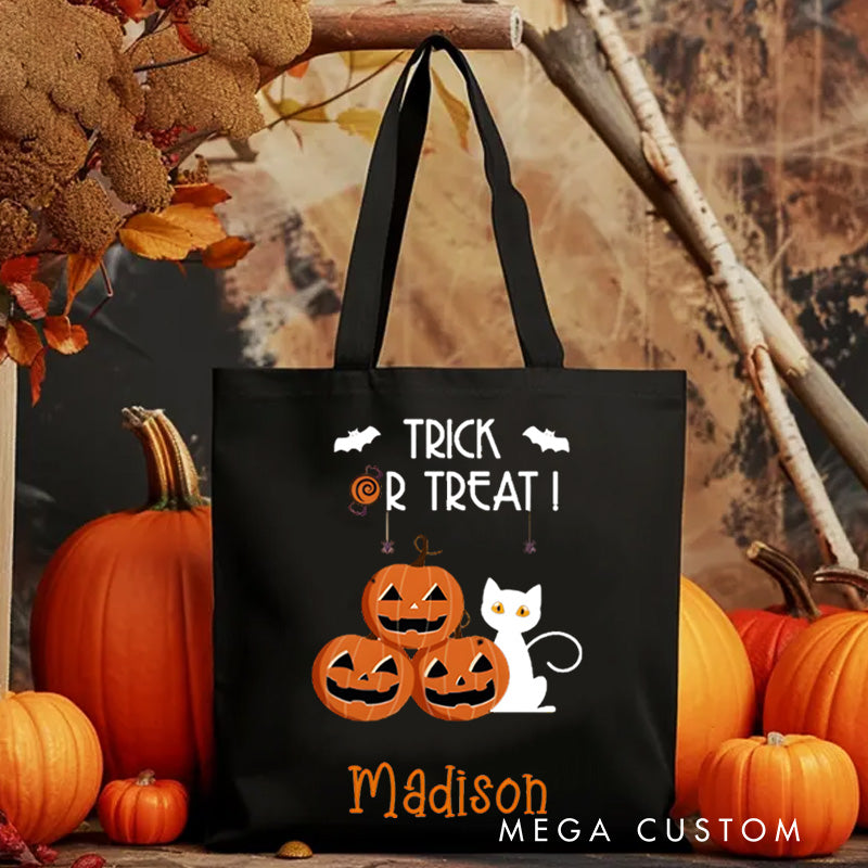 【🔥Hot Sale🔥】Personalized Trick or Treat Featuring Pumpkins Cats and Bats for a Fun Halloween Accent Tote Bag