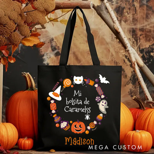 【🔥Hot Sale🔥】Personalized Halloween Treat Wreath Featuring Candy Pumpkins and Cats for a Festive Celebration Tote Bag
