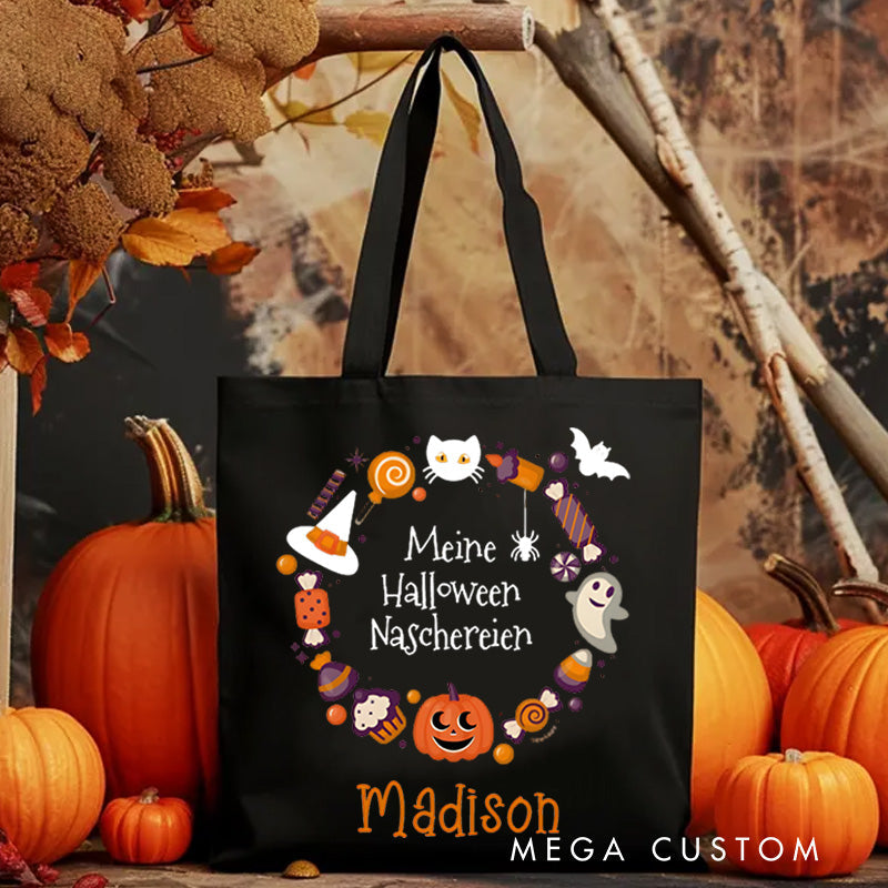 【🔥Hot Sale🔥】Personalized Halloween Treat Wreath Featuring Pumpkins Candy and Cats for a Festive Celebration Tote Bag