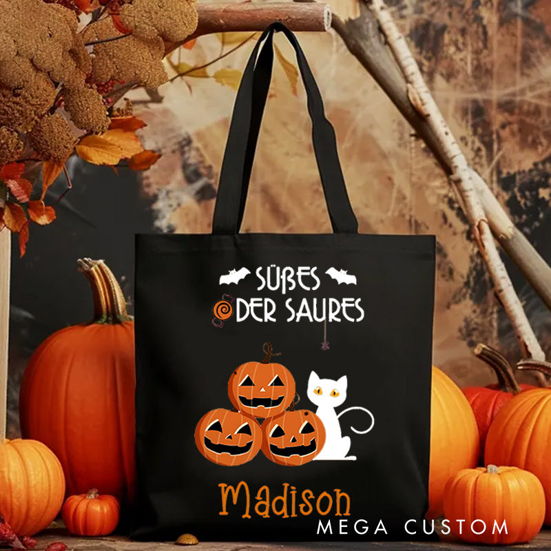 【🔥Hot Sale🔥】Personalized Trick or Treat Featuring Pumpkins Cats and Ghosts for a Fun Halloween Accent Tote Bag