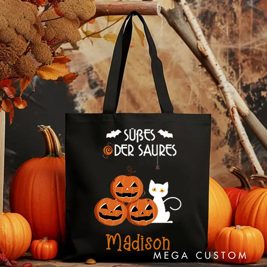 【🔥Hot Sale🔥】Personalized Trick or Treat Featuring Pumpkins Cats and Ghosts for a Fun Halloween Accent Tote Bag