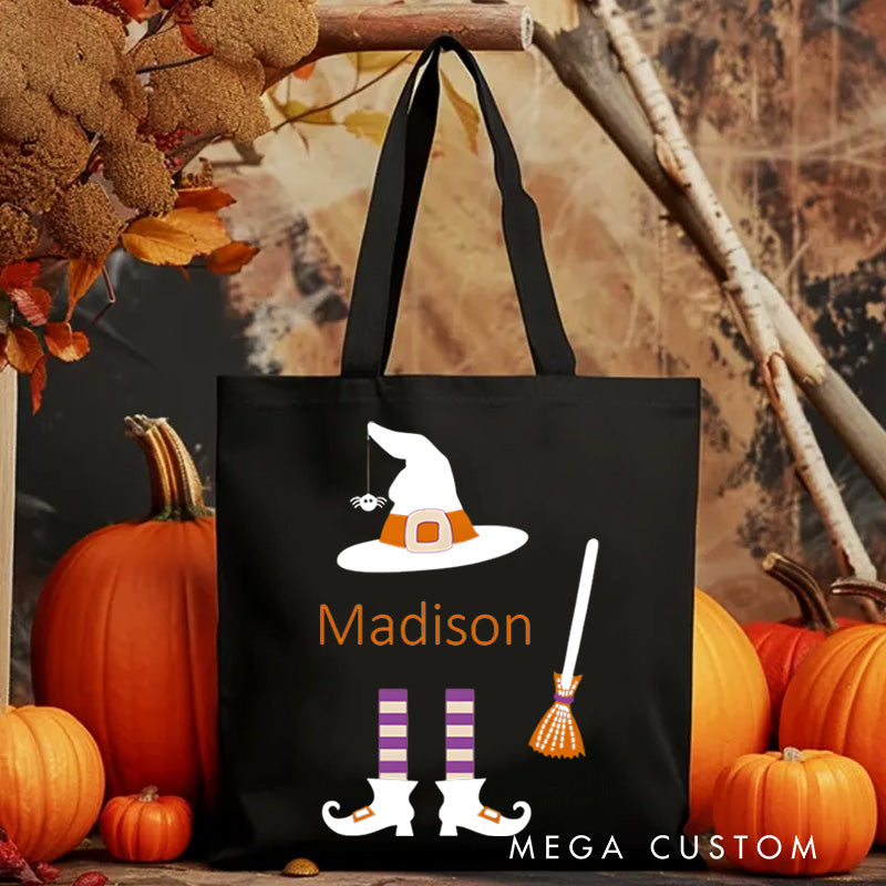 【🔥Hot Sale🔥】Personalized Witch Hat and Broom Featuring Name for a Fun Halloween Celebration Tote Bag
