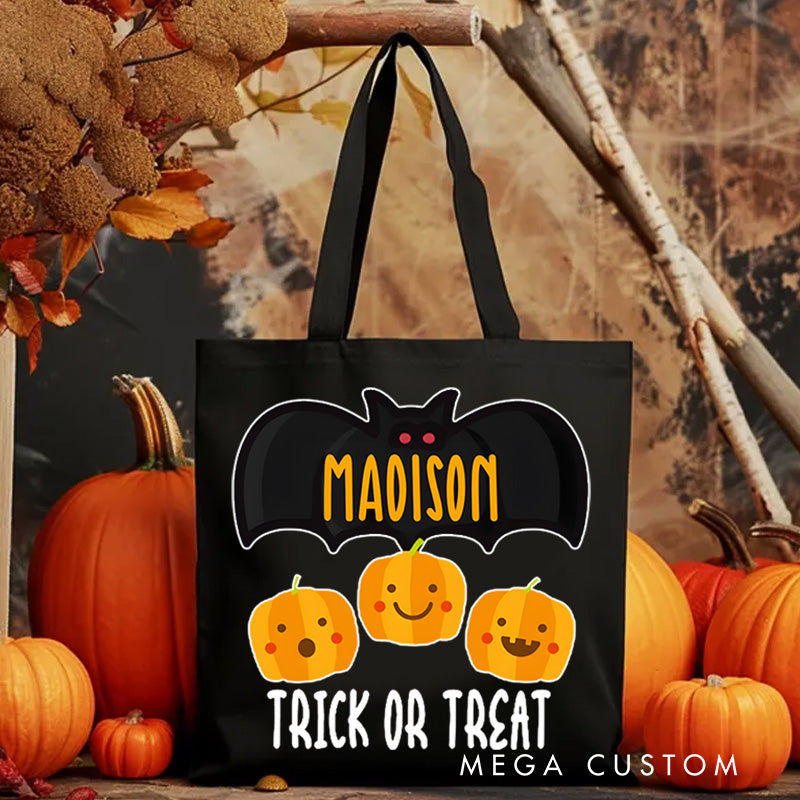 【🔥Hot Sale🔥】Personalized Bat and Pumpkin Featuring Name for a Spooky and Playful Trick or Treat Tote Bag