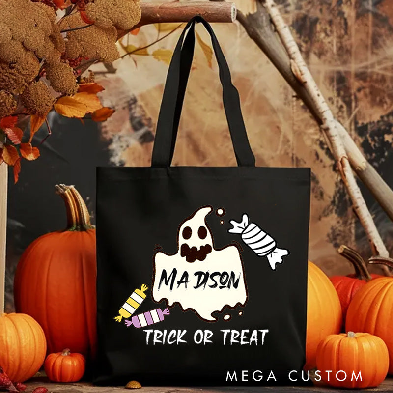 【🔥Hot Sale🔥】Personalized Ghost Featuring Name and Candy Accents for a Festive Halloween Celebration Tote Bag