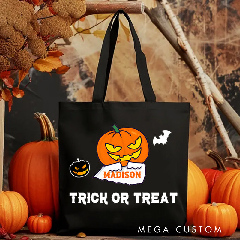 【🔥Hot Sale🔥】Personalized Pumpkin Head Featuring Name for a Fun and Spooky Trick or Treat Tote Bag
