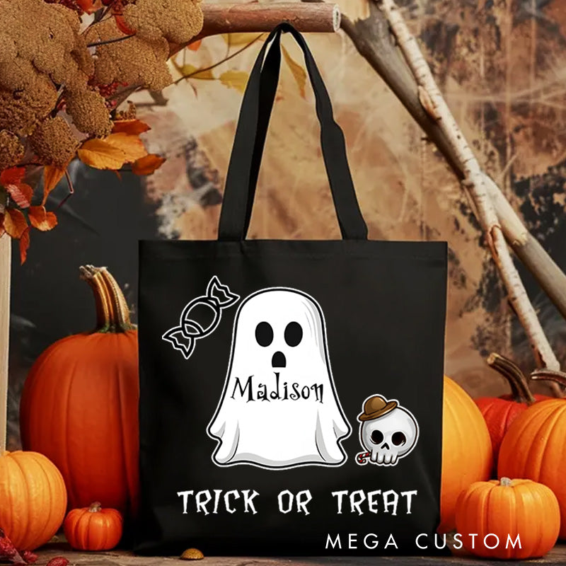 【🔥Hot Sale🔥】Personalized Ghost Featuring Name and Skull Accents for a Cute Halloween Celebration Tote Bag