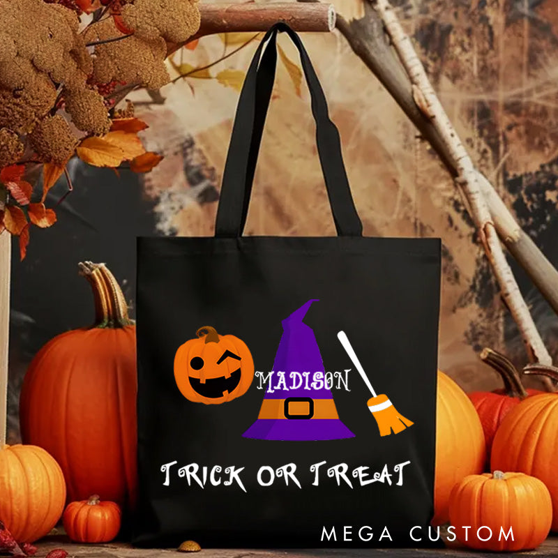 【🔥Hot Sale🔥】Personalized Witch Hat and Pumpkin Featuring Name for a Festive Halloween Accent Tote Bag