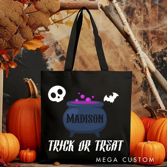 【🔥Hot Sale🔥】Personalized Cauldron Featuring Name and Halloween Symbols for a Spooky Trick or Treat Tote Bag