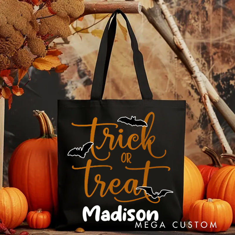 【🔥Hot Sale🔥】Personalized Trick or Treat Featuring Elegant Typography and Name for a Stylish Halloween Tote Bag