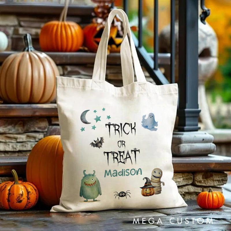 【🔥Hot Sale🔥】Personalized Trick or Treat Illustration Featuring Monster Ghost and Name for a Fun Halloween Celebration Tote Bag