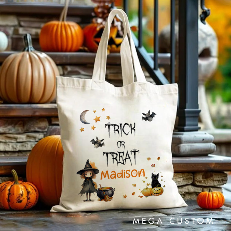 【🔥Hot Sale🔥】Personalized Trick or Treat Illustration Featuring Witch Cat and Name for a Spooky Halloween Accent Tote Bag