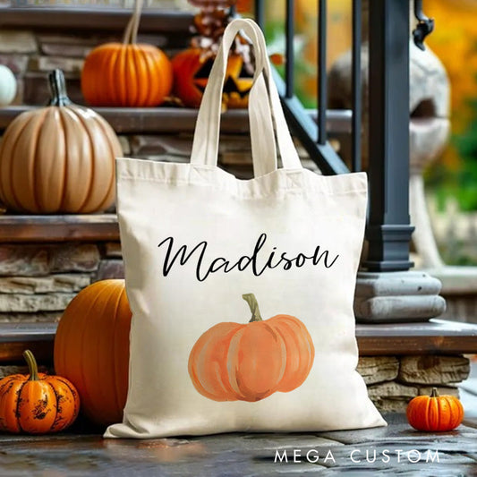 【🔥Hot Sale🔥】Personalized Pumpkin Illustration Featuring Name for a Festive and Autumn Inspired Halloween Accent Tote Bag