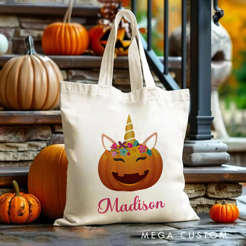 【🔥Hot Sale🔥】Personalized Pumpkin Illustration with Floral Crown Featuring Name for a Unique Halloween Accent Tote Bag