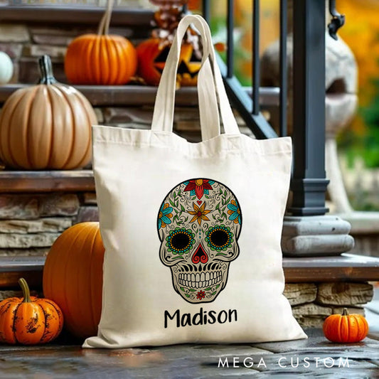 【🔥Hot Sale🔥】Personalized Sugar Skull Illustration Featuring Name for a Colorful and Festive Halloween Decoration Tote Bag