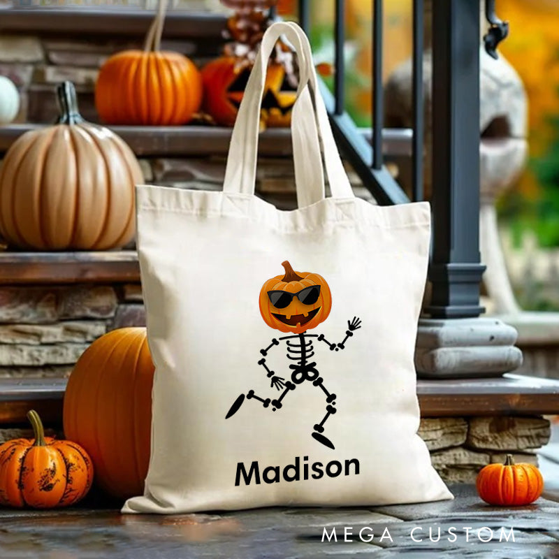 【🔥Hot Sale🔥】Personalized Skeleton Illustration with Pumpkin Head Featuring Name for a Playful Halloween Accent Tote Bag