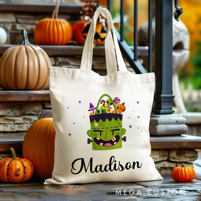 【🔥Hot Sale🔥】Personalized Frankenstein Illustration Featuring Name for a Fun and Spooky Halloween Celebration Tote Bag