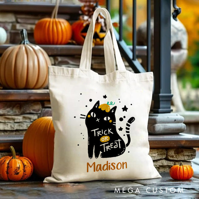 【🔥Hot Sale🔥】Personalized Black Cat Trick or Treat Illustration Featuring Name for a Cute and Spooky Halloween Accent Tote Bag