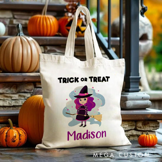 【🔥Hot Sale🔥】Personalized Witch Trick or Treat Illustration Featuring Name for a Fun and Spooky Halloween Celebration Tote Bag