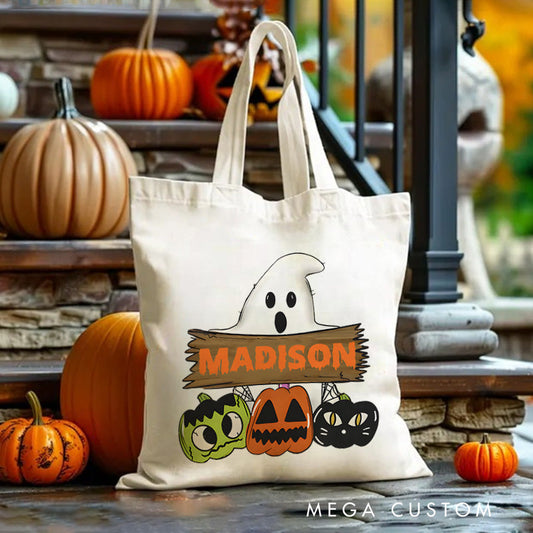 【🔥Hot Sale🔥】Personalized Ghost and Pumpkin Illustration Featuring Name for a Cute and Festive Halloween Accent Tote Bag