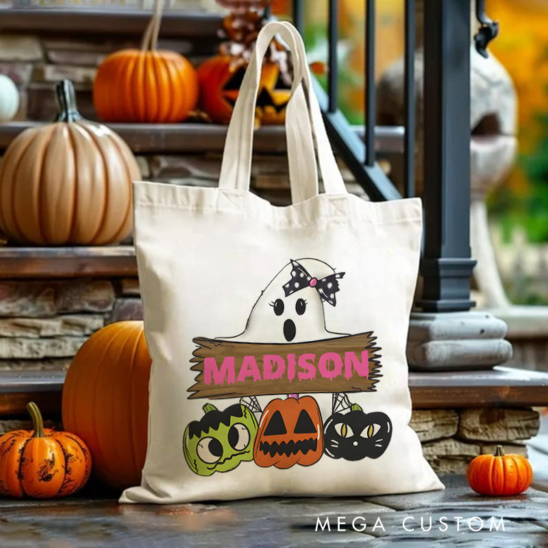 【🔥Hot Sale🔥】Personalized Ghost and Pumpkin Illustration Featuring Name with Playful Details for a Halloween Celebration Tote Bag