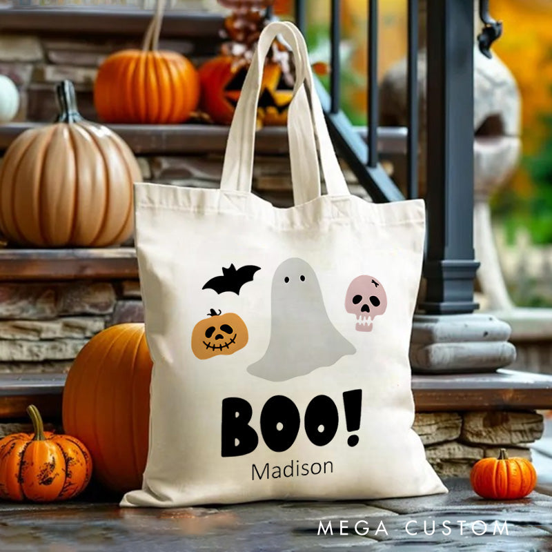 【🔥Hot Sale🔥】Personalized Boo Ghost Illustration Featuring Name for a Fun and Spooky Halloween Decoration Tote Bag