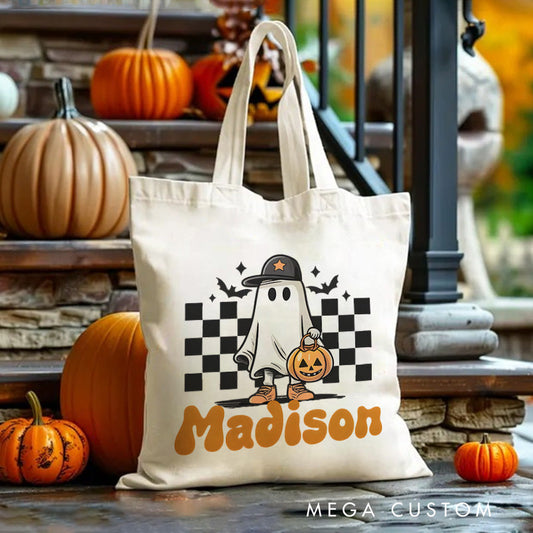 【🔥Hot Sale🔥】Personalized Ghost and Checkered Pattern Illustration Featuring Name for a Unique Halloween Accent Tote Bag