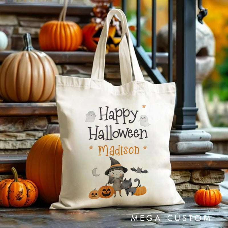 【🔥Hot Sale🔥】Personalized Happy Halloween Illustration Featuring Ghosts Pumpkins and Name for a Delightful Halloween Accent Tote Bag