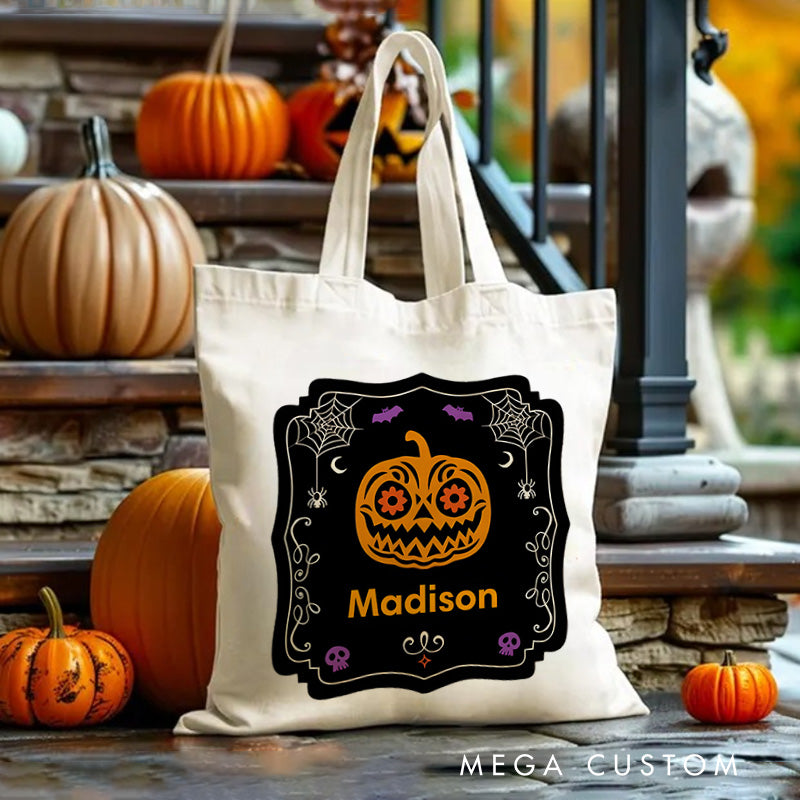 【🔥Hot Sale🔥】Personalized Halloween Pumpkin Illustration Featuring Name with Elegant Frame for a Stylish Halloween Accent Tote Bag