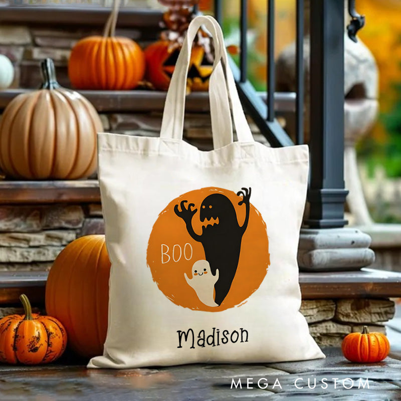 【🔥Hot Sale🔥】Personalized Boo Ghost Illustration Featuring Name with Orange Background for a Fun Halloween Celebration Tote Bag