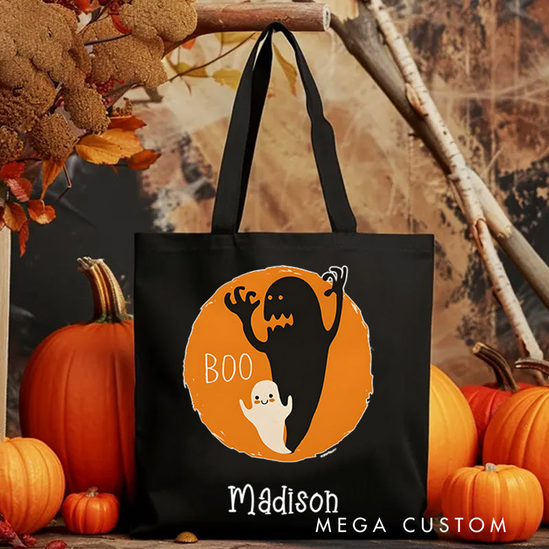 【🔥Hot Sale🔥】Personalized Boo Ghost Illustration Featuring Name with Orange Background for a Fun Halloween Celebration Tote Bag