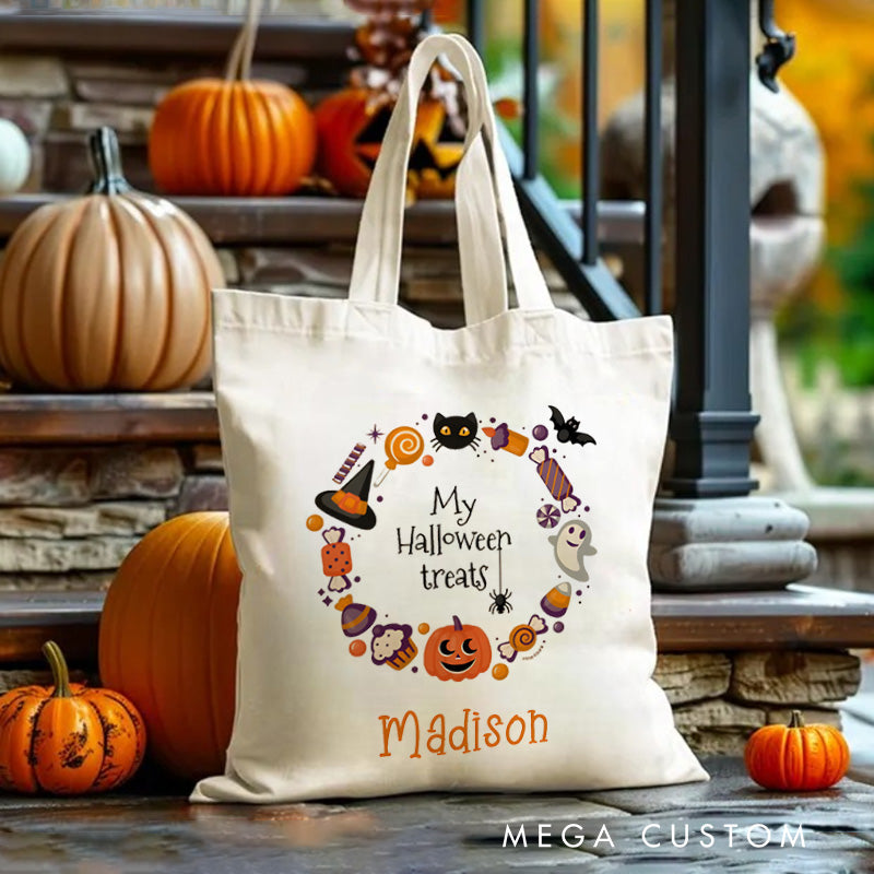 【🔥Hot Sale🔥】Personalized Halloween Treat Wreath Featuring Pumpkins Ghosts and Cats for a Festive Celebration Tote Bag